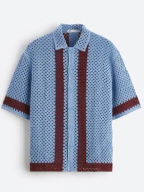 Zara Light Blue/Burgundy Crochet Button Up Short Sleeve in Small